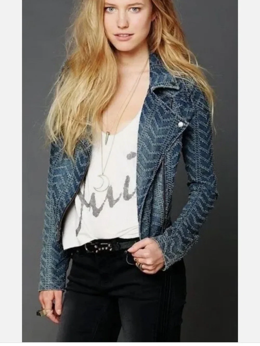 Free People Blue Chevron Denim Moto Jacket - Picture 2 of 11